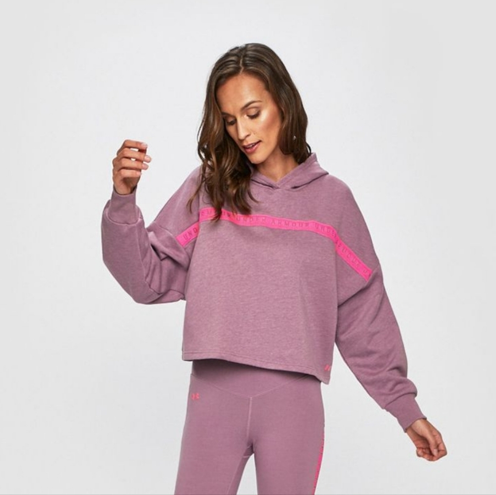 Under Armour Womens Loose Cropped Hoodie Purple Pink Logo‎ Stripe Large